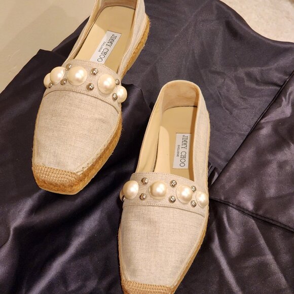 Jimmy Choo Shoes - Brand New EU39 Jimmy Choo Linen DRU Espadrilles with Pearls & Stud accents